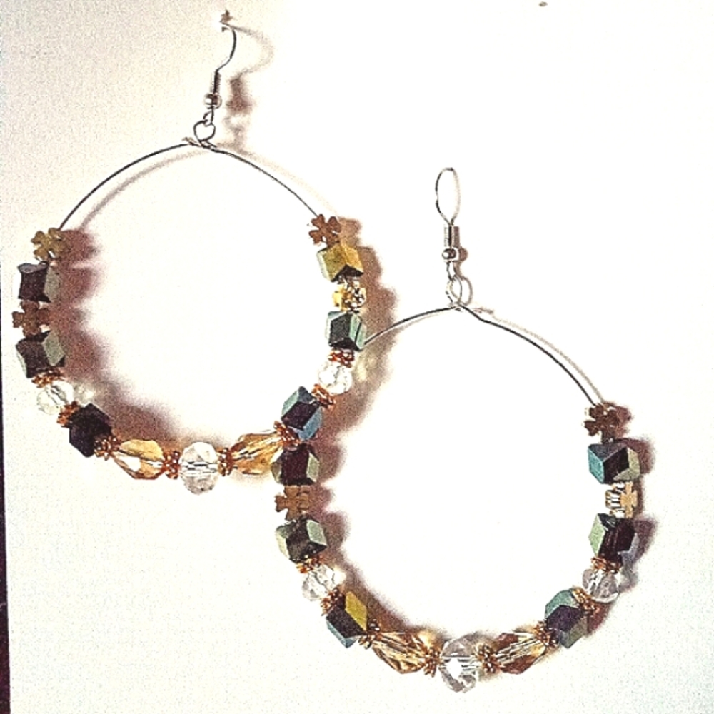 2" Elegant Dark Green Crystal Gold Clover Hoop Earrings.